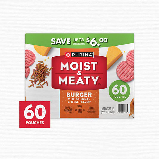 Purina Moist & Meaty Burger with Cheddar Cheese Flavor, Adult Dog Food, 6 oz., 60 ct