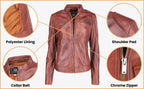 Women Shoulder Pad Brown Leather Jacket