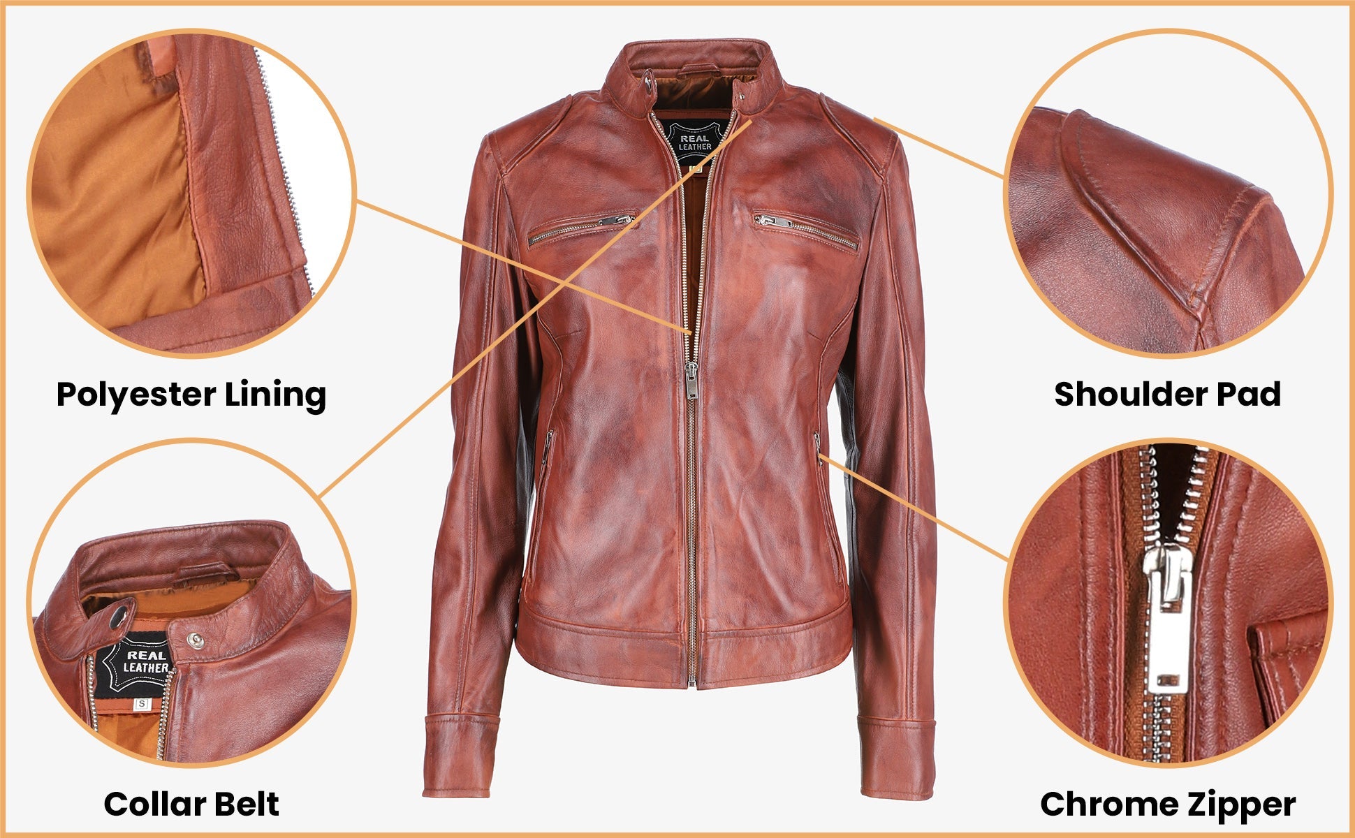 Women Shoulder Pad Brown Leather Jacket