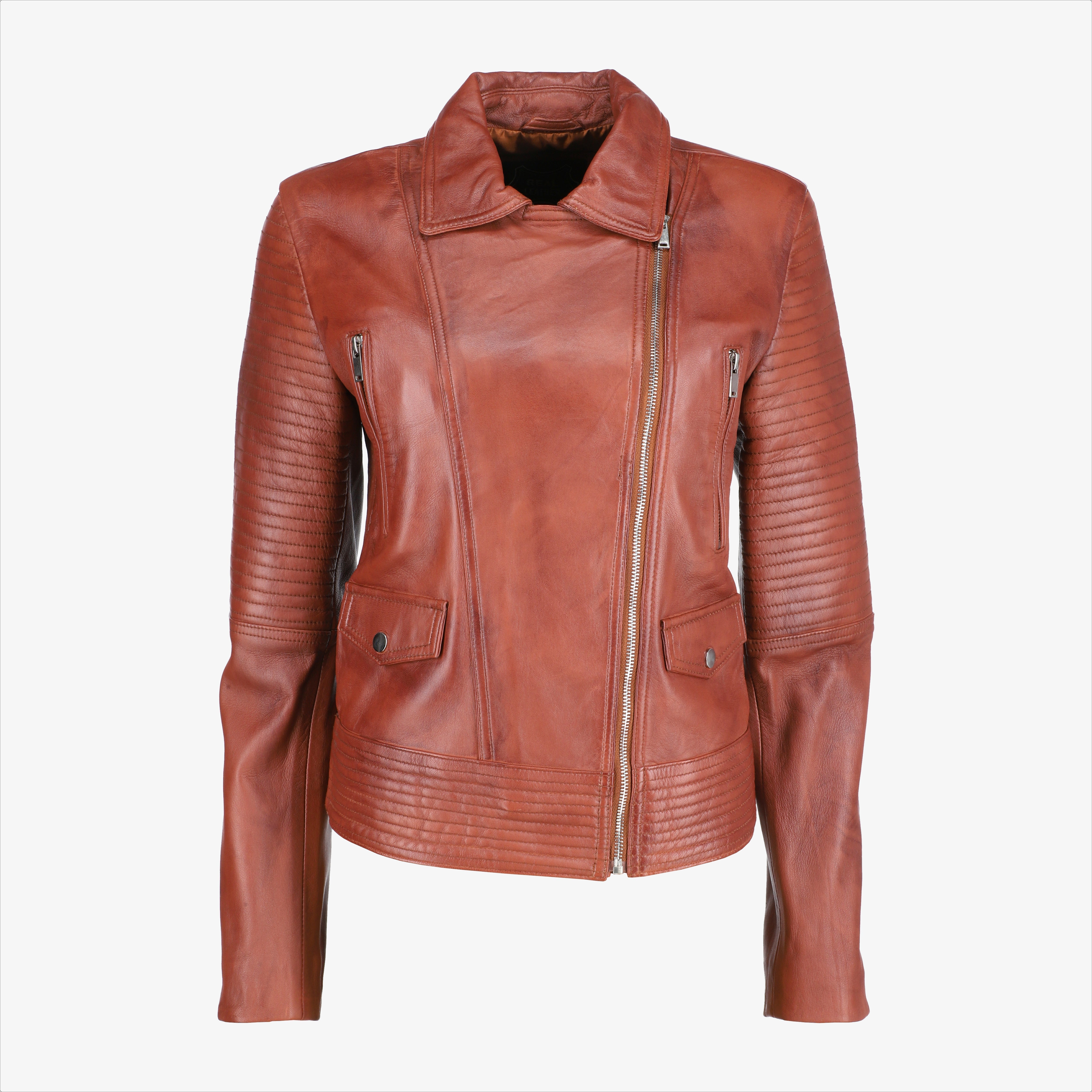 Women Asymmetrical Zip-up Brown Leather Jacket – Fiadrop