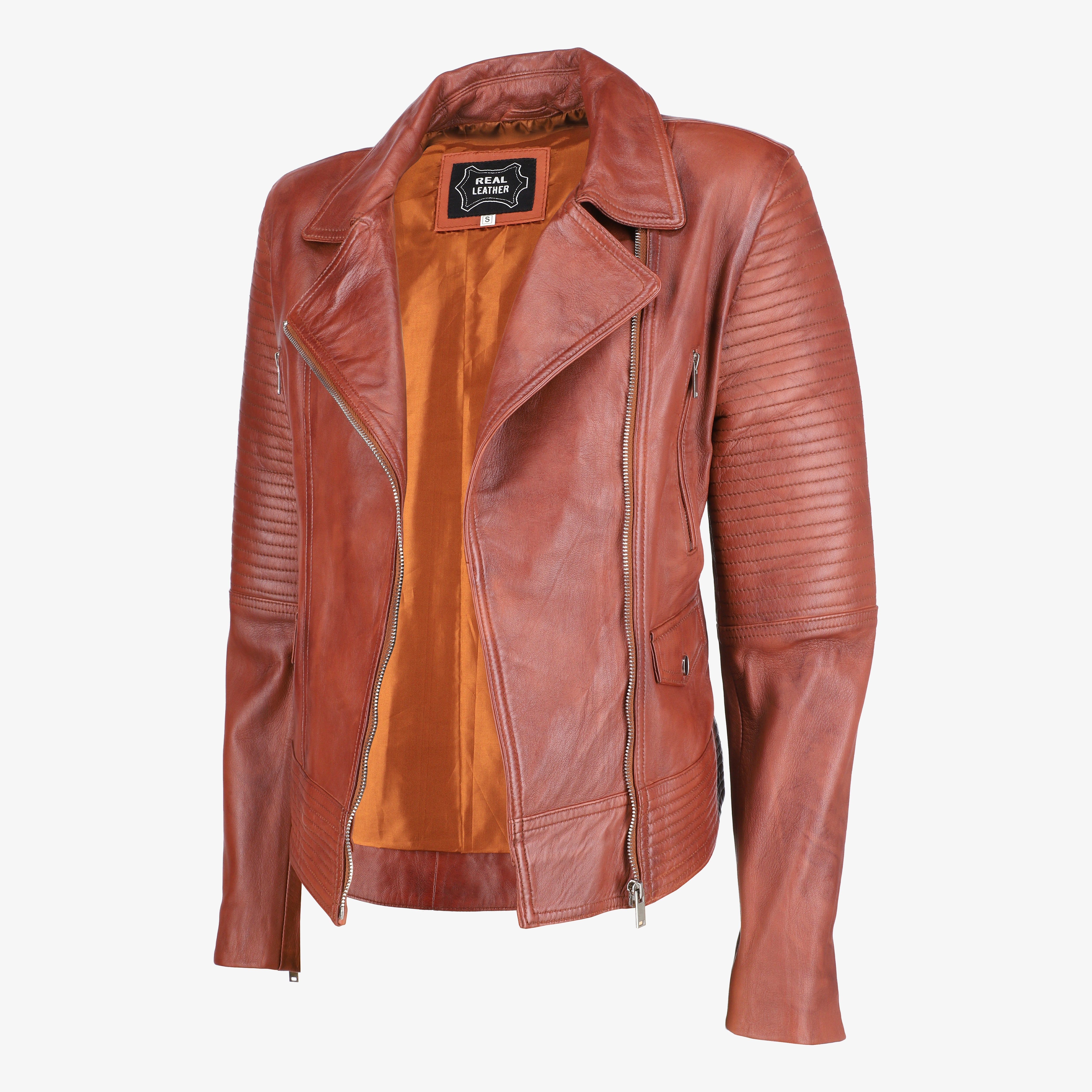 Women Asymmetrical Zip-up Brown Leather Jacket