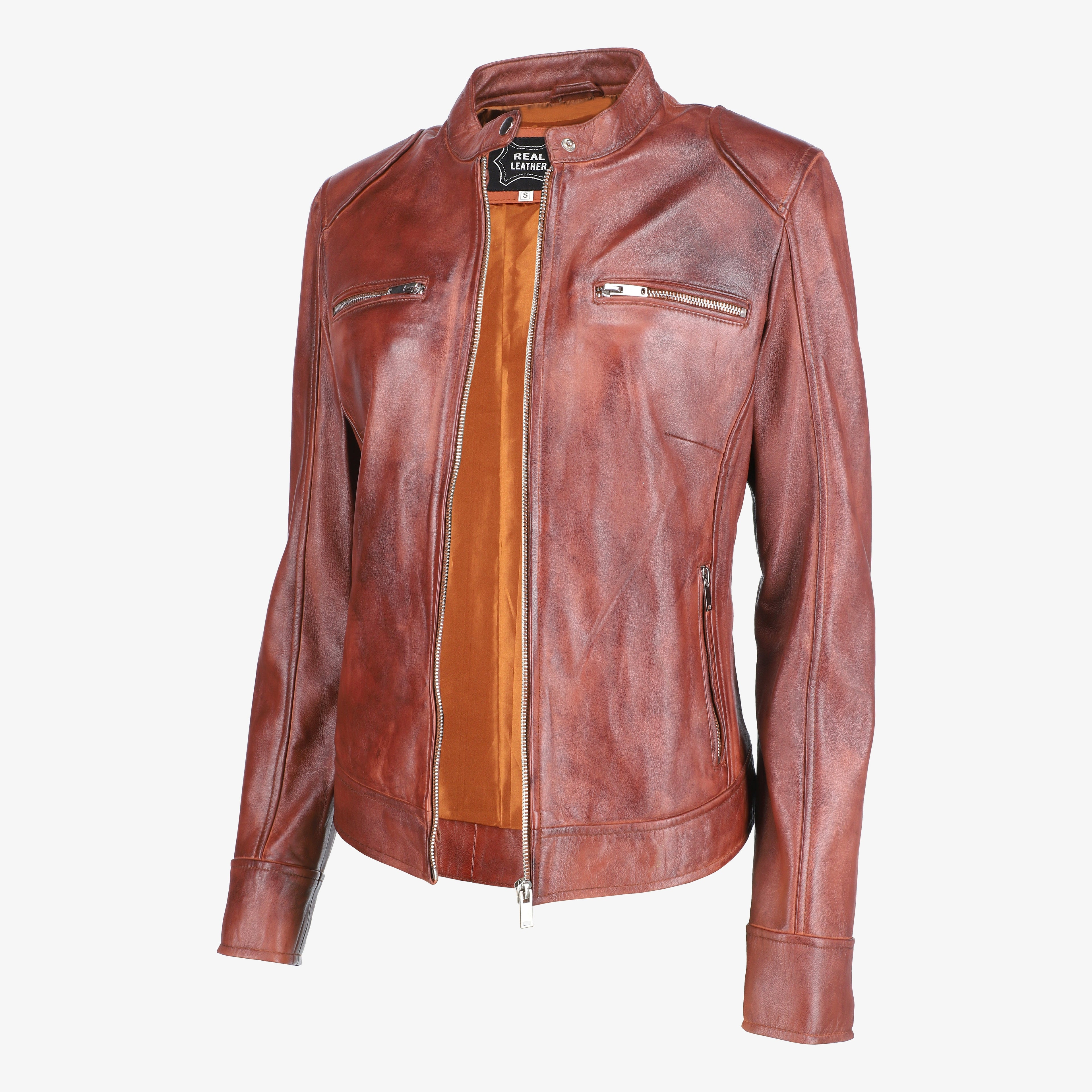 Women Shoulder Pad Brown Leather Jacket